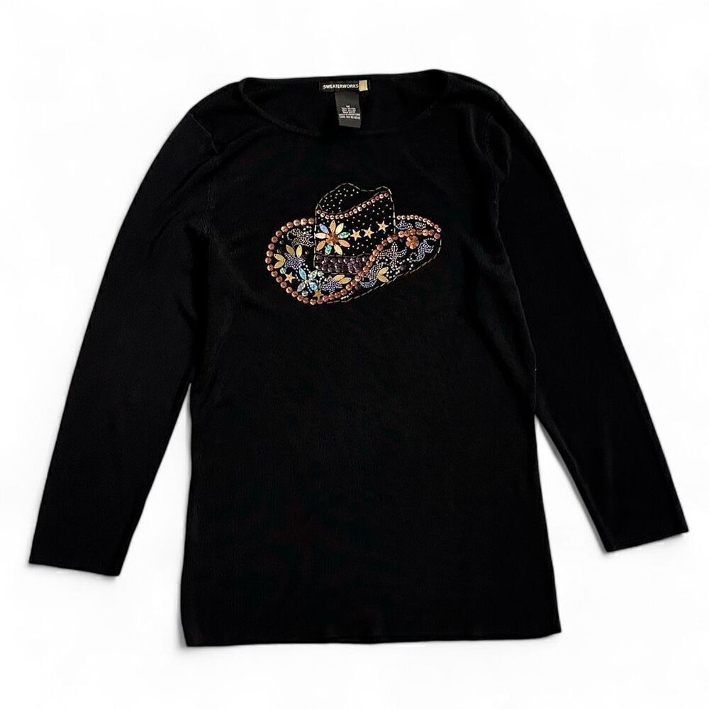 Vintage Sweaterworks Embellished Rhinestone Cowgirl Hat Sweater M Western Rodeo